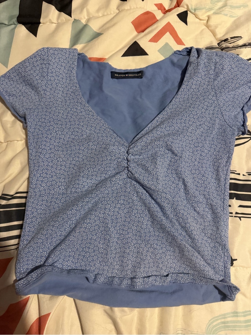 Brandy Melville Light Blue Ditsy Ruched V-Neck Crop Top